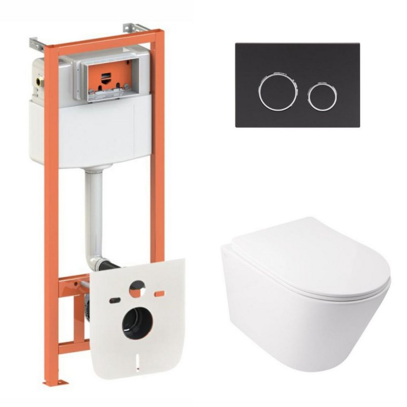 Готовое решение Qtap для ванной комнаты: подвесной унитаз  Swan Ultra Quiet 485x360x320 + комплект инсталляции Nest 4 в 1 (круглая клавиша Black mat)