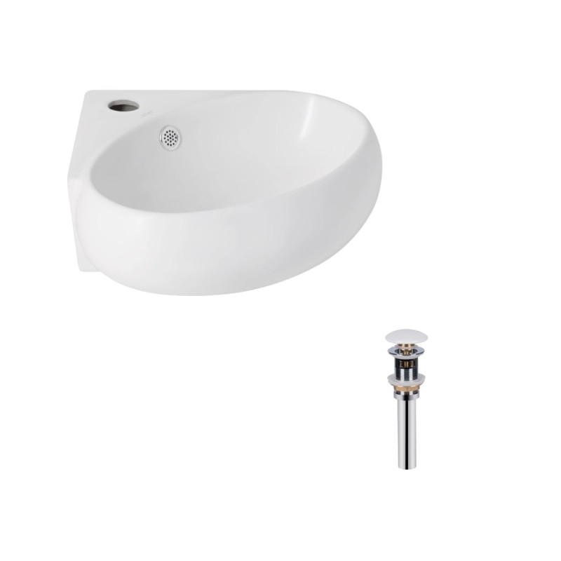 Комплект Qtap Leo N: Раковина подвесная угловая овальная 380x360x130 мм WHITE + Донный клапан PU02O