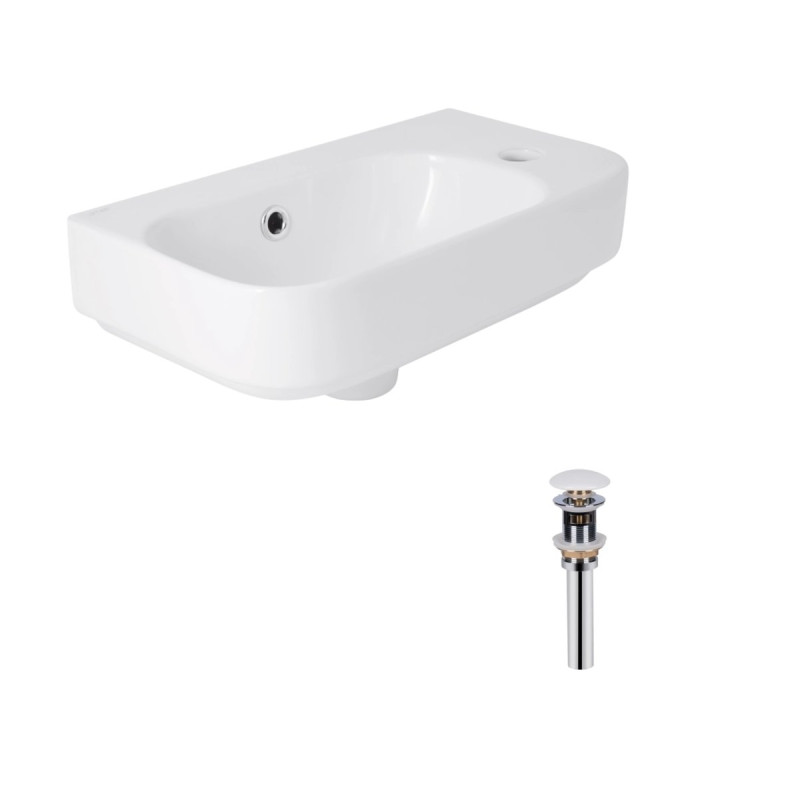 Комплект Qtap Tern: Раковина подвесная прямоугольная правая 450х250х158 мм White + Донный клапан PU02O