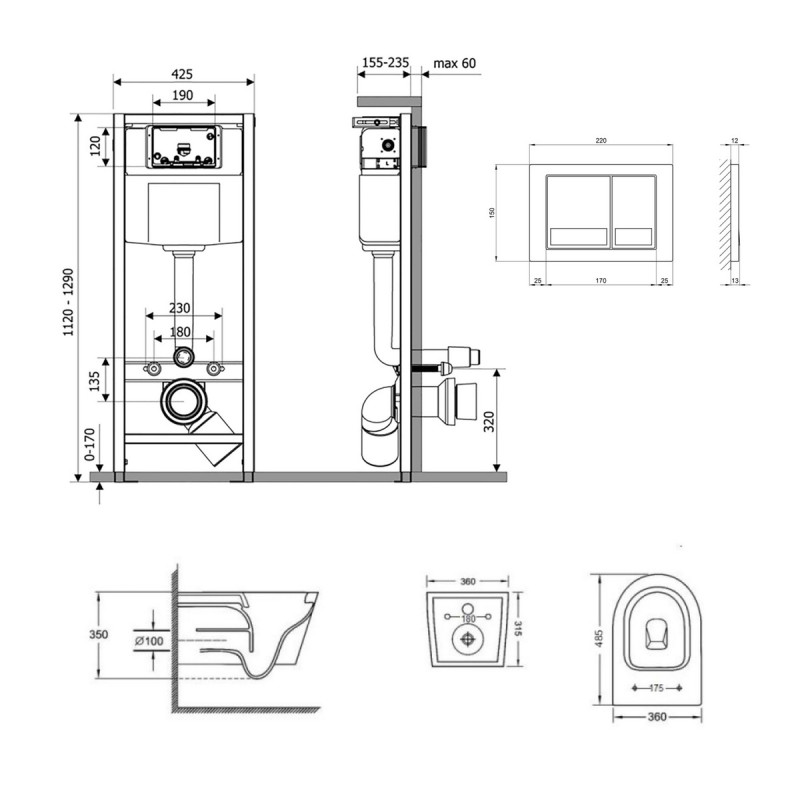 Готовое решение Qtap для ванной комнаты: подвесной унитаз Jay Ultra Quiet 485x360x320 + комплект инсталляции Nest 4 в 1 (квадратная клавиша Chrome)