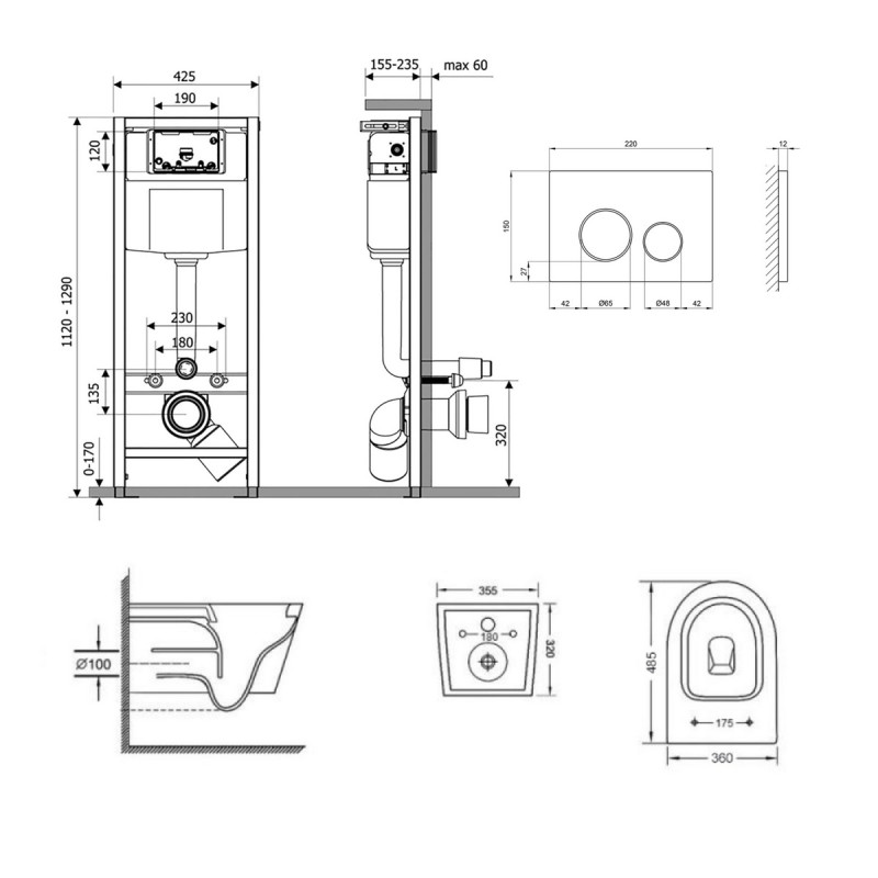 Готовое решение Qtap для ванной комнаты: подвесной унитаз  Swan Ultra Quiet 485x360x320 + комплект инсталляции Nest 4 в 1 (круглая клавиша Satin)