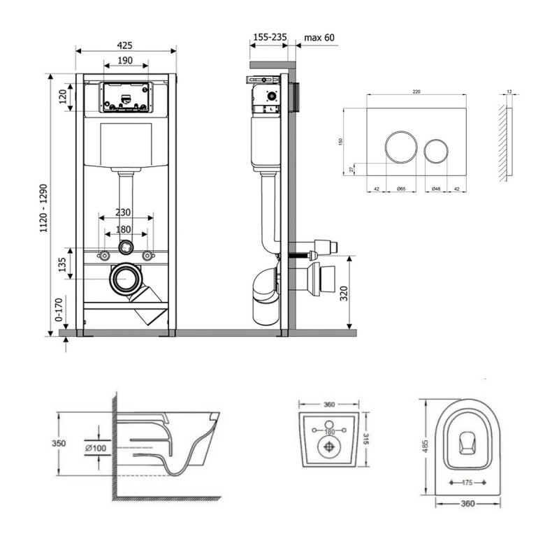 Готовое решение Qtap для ванной комнаты: подвесной унитаз Jay Ultra Quiet 485x360x320 + комплект инсталляции Nest 4 в 1 (круглая клавиша Black mat)