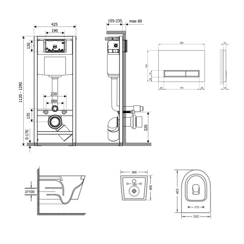Готовое решение Qtap для ванной комнаты: подвесной унитаз  Swan Ultra Quiet 485x360x320 + комплект инсталляции Nest 4 в 1 (линейная клавиша White)