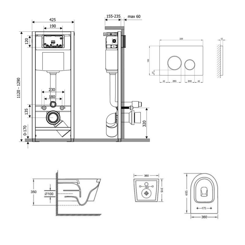 Готовое решение Qtap для ванной комнаты: подвесной унитаз Jay Ultra Quiet 485x360x320 + комплект инсталляции Nest 4 в 1 (круглая клавиша Satin)