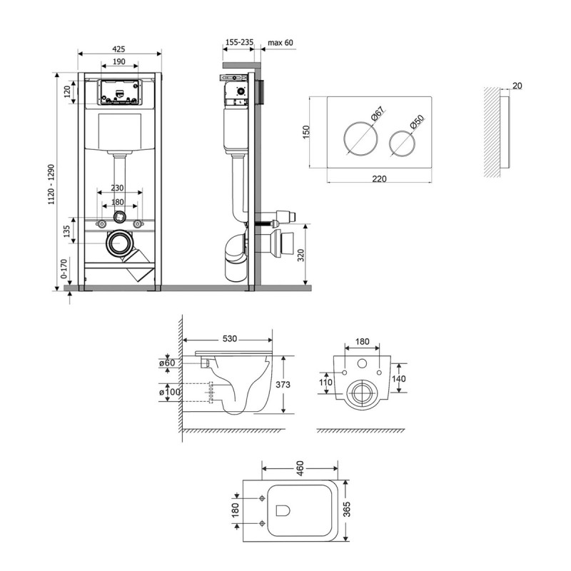 Готовое решение Qtap для ванной комнаты: подвесной унитаз Gemini Ultra Quiet 530х365х373 + комплект инсталляции Nest 4 в 1 (круглая клавиша White)
