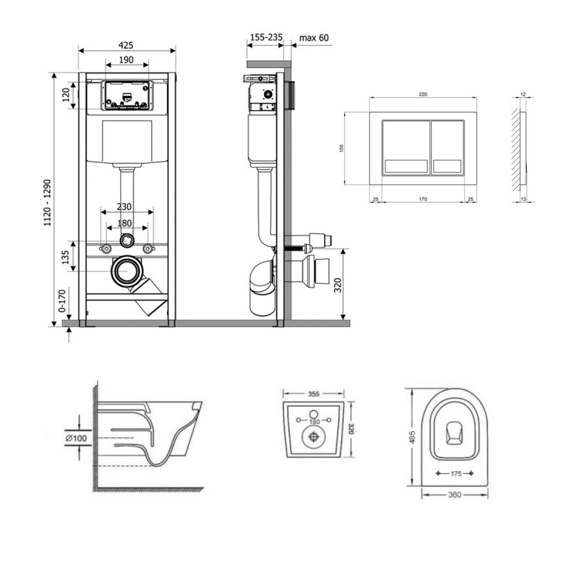Готовое решение Qtap для ванной комнаты: подвесной унитаз Swan Ultra Quiet 485x360x320 + комплект инсталляции Nest 4 в 1 (квадратная клавиша Satin)
