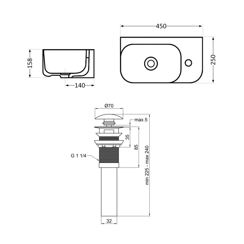 Комплект Qtap Tern: Раковина подвесная прямоугольная правая 450х250х158 мм White + Донный клапан PU02O