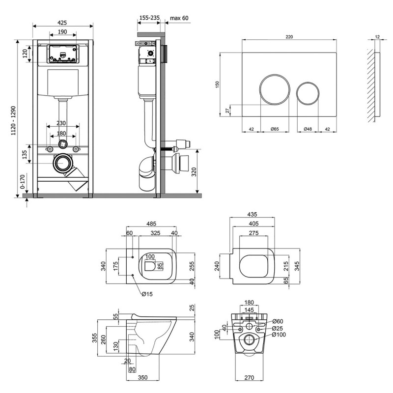 Готовое решение Qtap для ванной комнаты: подвесной унитаз Tern Rimless 490x340x350 + комплект инсталляции Nest 4 в 1 (круглая клавиша Satin)