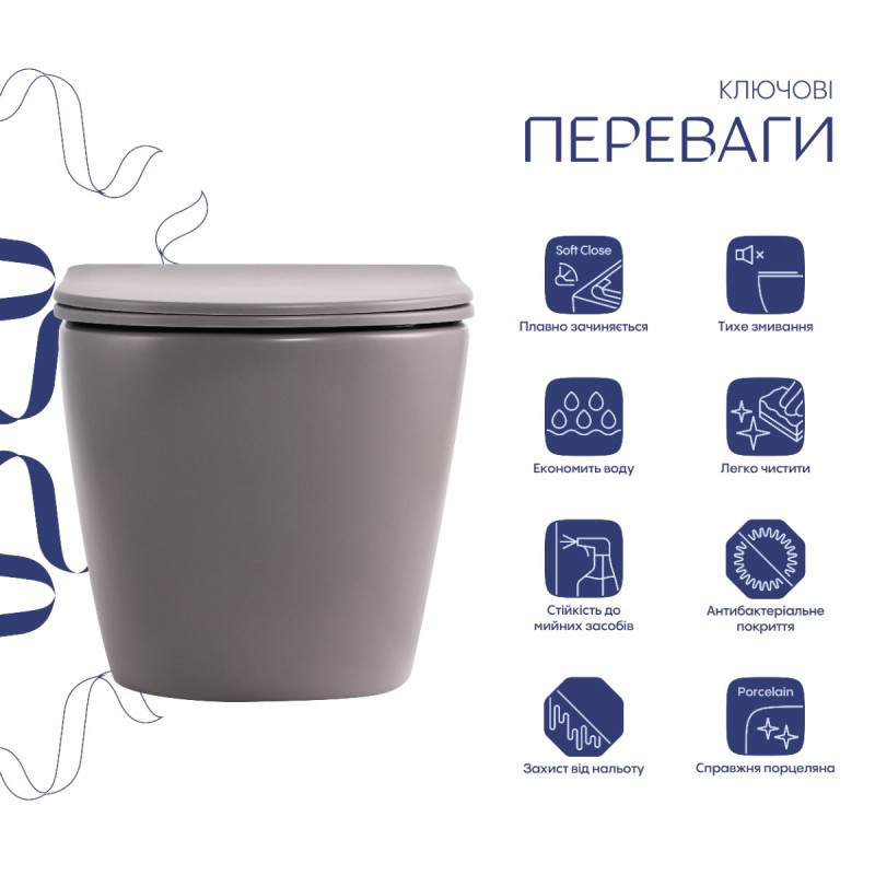 Унітаз підвісний Robin Ultra Quiet 490×365×325 мм, Stone Grey, з сидінням Slim Duroplast / Soft-close / Quick Release QT13332381АSSG Qtap