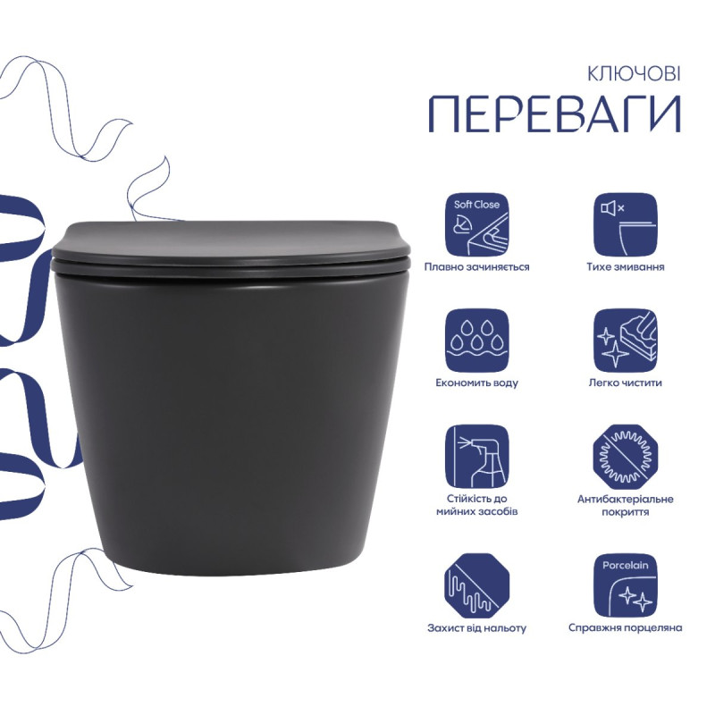 Унітаз підвісний Robin Ultra Quiet 490×365×325 мм, Anthracite, з сидінням Slim Duroplast / Soft-close / Quick Release QT13332381АSAN Qtap