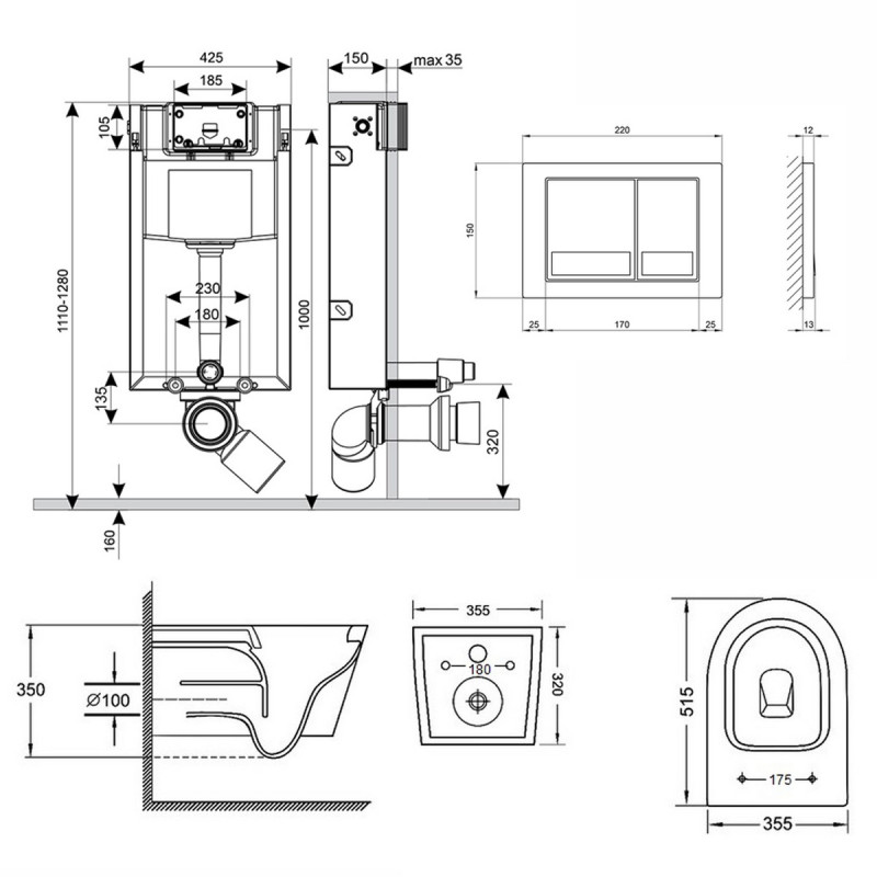 Готовое решение Qtap для ванной комнаты: подвесной унитаз  Swan Rimless 520х360х320 + комплект инсталляции Nest 4 в 1 (квадратная клавиша Satin)