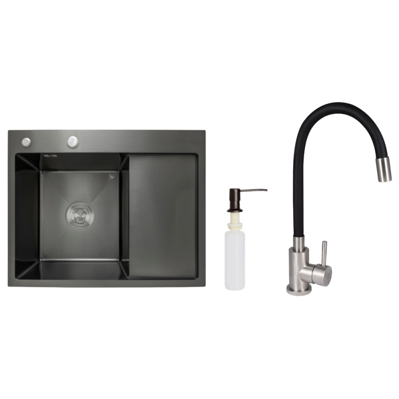 Акционный набор Lidz: мойка H6350BR интегрированная крыло справа Brushed Black PVD 3,0/1,0 мм + Смеситель Aria для кухни с гибким изливом (k35) Black
