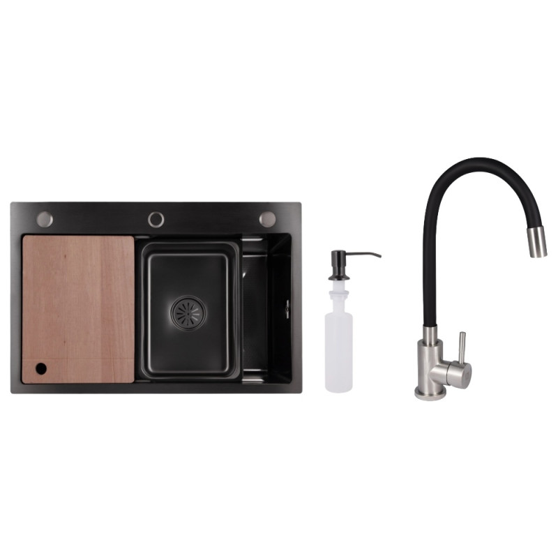 Акционный набор Lidz: мойка H6845 Décor Blaсk 3,0/1,0 мм + Смеситель Aria для кухни с гибким изливом (k35) Black