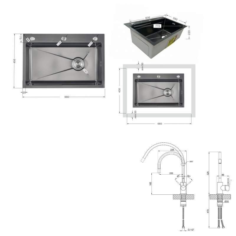 Акционный набор Lidz: мойка H6845 Décor Blaсk 3,0/1,0 мм + Смеситель Aria для кухни с гибким изливом (k35) Black