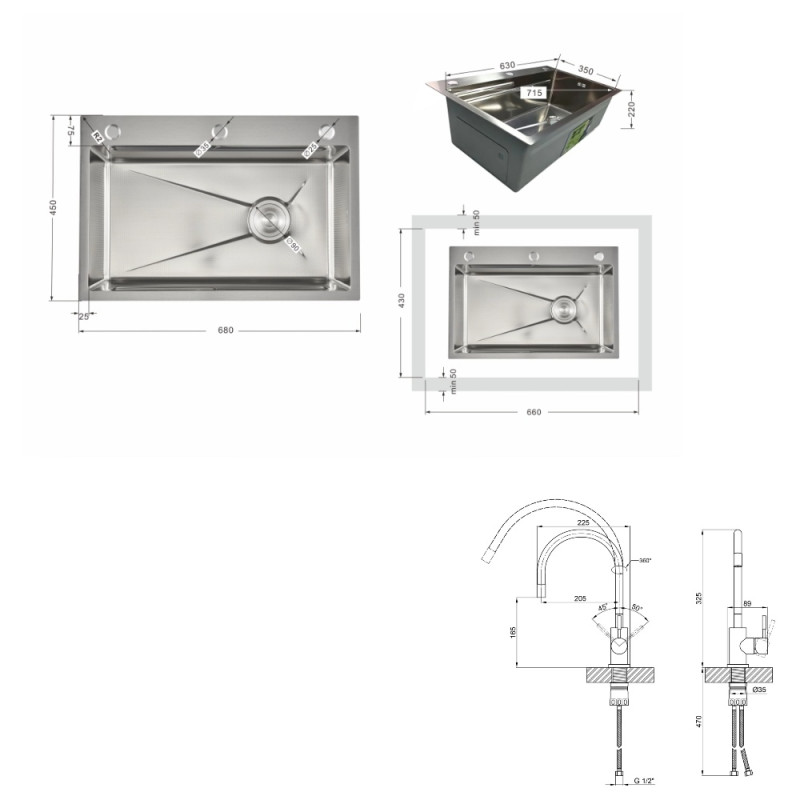 Акционный набор Lidz: мойка H6845 Decor 3,0/1,0 мм + Смеситель Aria для кухни с гибким изливом (k35) Grey