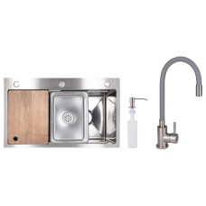 Акционный набор Lidz: мойка H7545 интегрированная Decor Honeycomb 3,0/1,0 мм LDH7545DEC48372 + Смеситель Aria для кухни с гибким изливом (k35) Grey