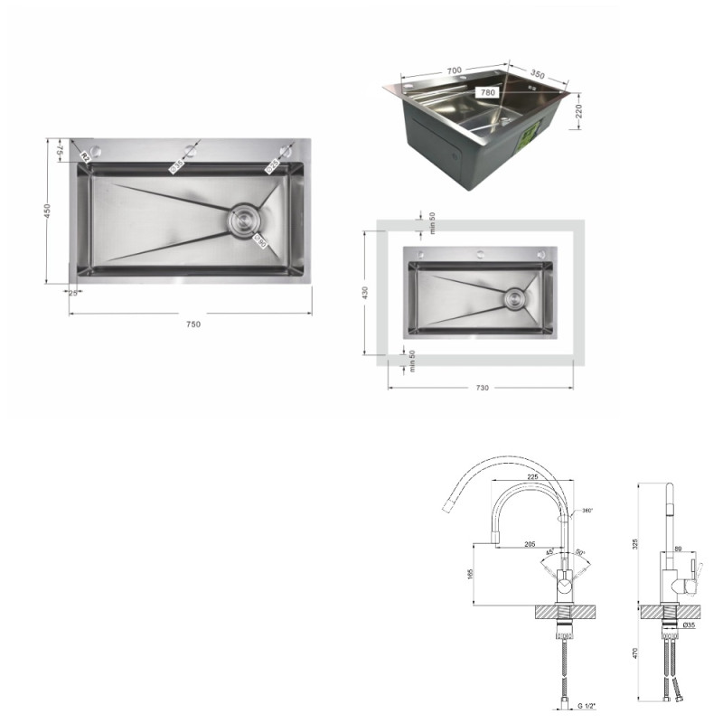 Акционный набор Lidz: мойка H7545 интегрированная Decor Honeycomb 3,0/1,0 мм LDH7545DEC48372 + Смеситель Aria для кухни с гибким изливом (k35) Grey