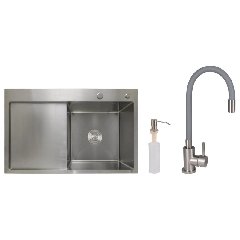 Акционный набор Lidz: мойка H7849L интегрированная крыло слева Brushed Steel 3,0/1,0 мм + Смеситель Aria для кухни с гибким изливом (k35) Grey