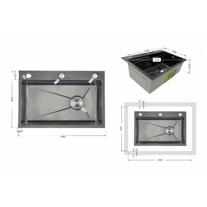 Мойка для кухни интегрированная Lidz Handmade H6845B Brushed Black PVD 3,0/1,0 мм LDH6845BRUBLM49456