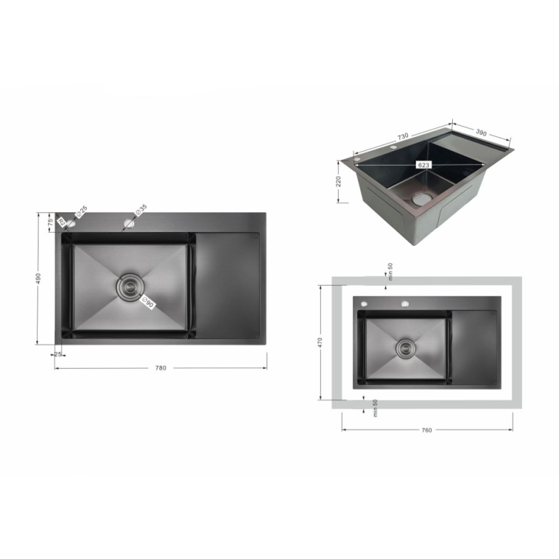 Мойка для кухни интегрированная Lidz Handmade Max 500 H7849R Brushed Steel, 3,0/1,0 мм, крыло справа, увеличенная чаша LDH7849RBRU49464