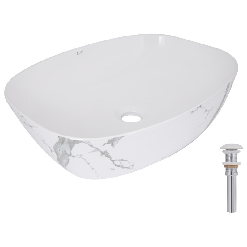 Раковина накладная Qtap Cardinal 500х380х140 мм, Marble, прямоугольная, с донным клапаном QTCAR188MR49826