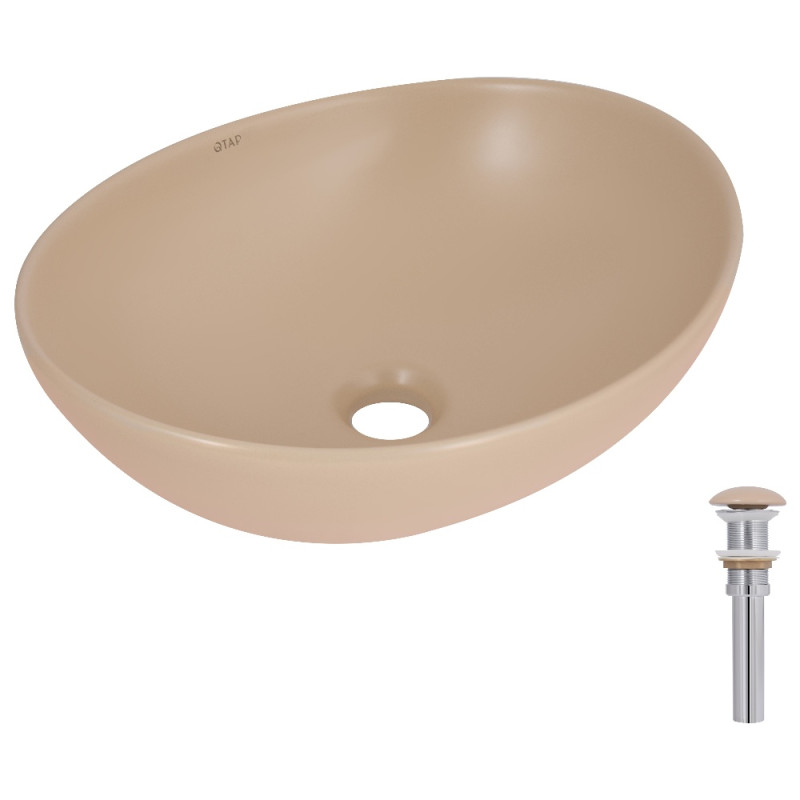 Раковина накладная Qtap Dove 415x340x140 мм, Beige, овальная, с донным клапаном QTDOV188SB49784