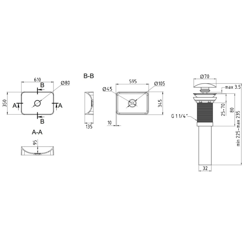 Раковина накладная Qtap Tern 610x350x135 мм, Stone grey, прямоугольная, с донным клапаном QTTER188SG49789