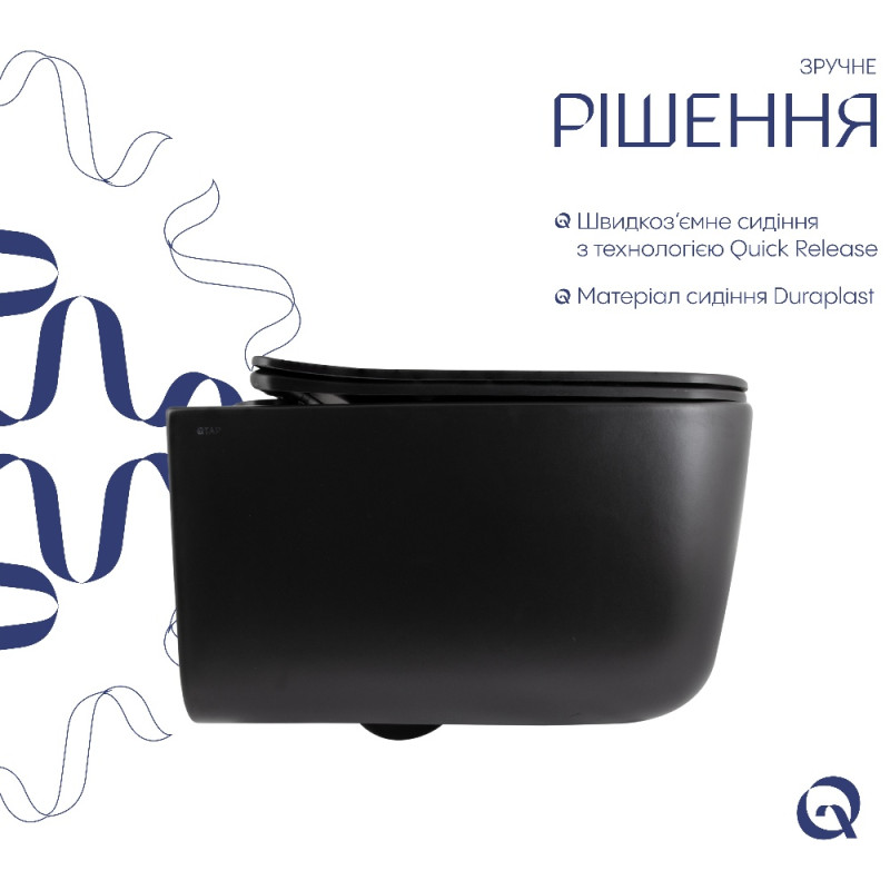 Унитаз подвесной Qtap Gemini Ultra Quiet 485×340×350 мм, Matt Black, с сиденьем Slim Duroplast / Soft-close / Quick Release QTGEM28BLM50505