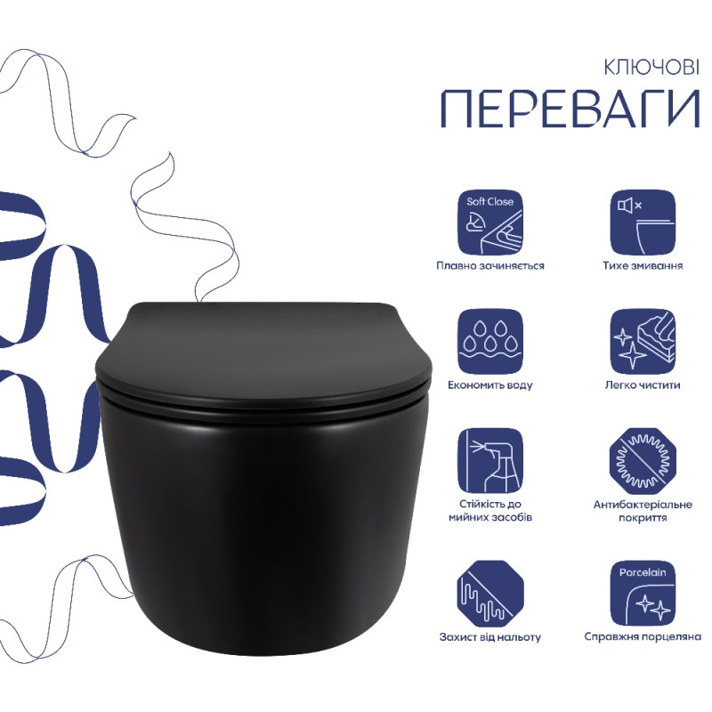 Унитаз подвесной Qtap Taurus Ultra Quiet 515×360×350 мм, Matt Black, с сиденьем Slim Duroplast / Soft-close / Quick Release QTTAU28BLM50504