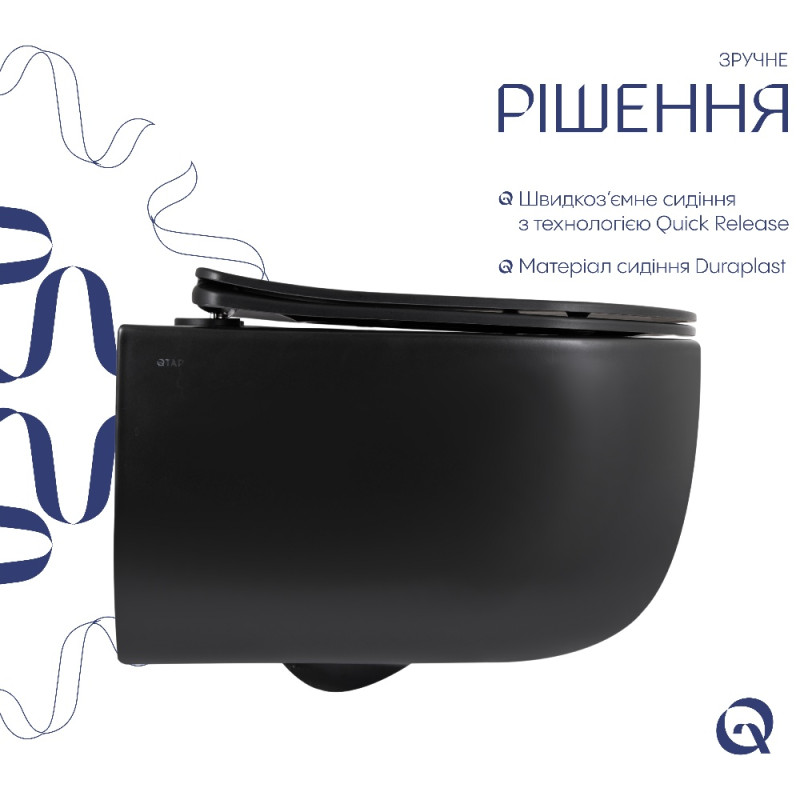 Унитаз подвесной Qtap Taurus Ultra Quiet 515×360×350 мм, Matt Black, с сиденьем Slim Duroplast / Soft-close / Quick Release QTTAU28BLM50504