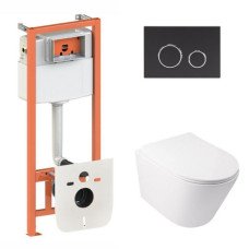 Готовое решение Qtap для ванной комнаты: подвесной унитаз  Swan Ultra Quiet 485x360x320 + комплект инсталляции Nest 4 в 1 (круглая клавиша Black mat)