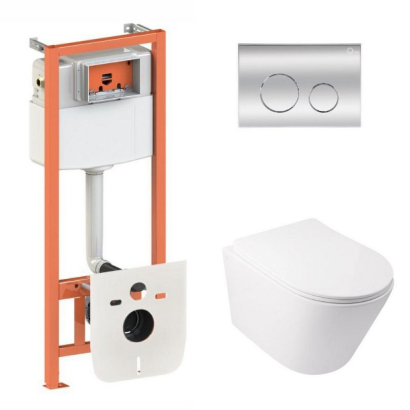 Готовое решение Qtap для ванной комнаты: подвесной унитаз  Swan Ultra Quiet 485x360x320 + комплект инсталляции Nest 4 в 1 (круглая клавиша Chrome)