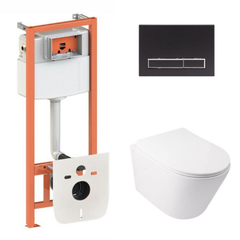 Готовое решение Qtap для ванной комнаты: подвесной унитаз  Swan Ultra Quiet 485x360x320 + комплект инсталляции Nest 4 в 1 (линейная клавиша Black mat)