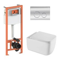 Готовое решение Qtap для ванной комнаты: подвесной унитаз Gemini Ultra Quiet 530х365х373 + комплект инсталляции Nest 4 в 1 (круглая клавиша Chrome)