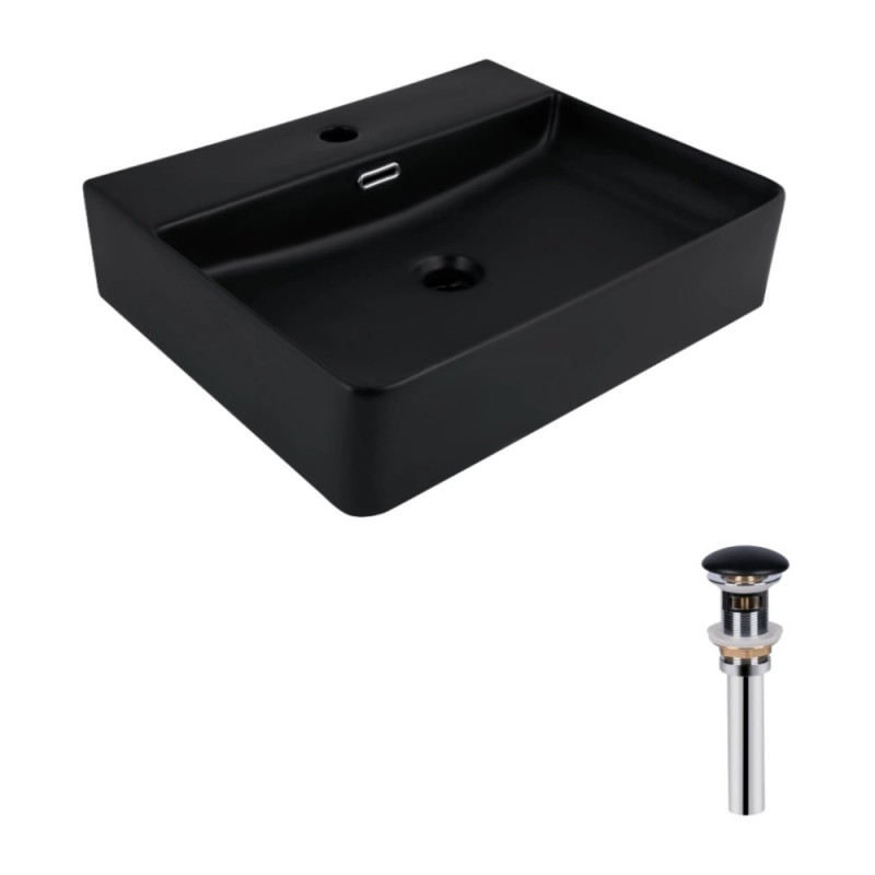 Комплект Qtap Nando LT: Раковина підвісна прамокутна 500х420х130 мм Matt Black + Донний клапан PU03O
