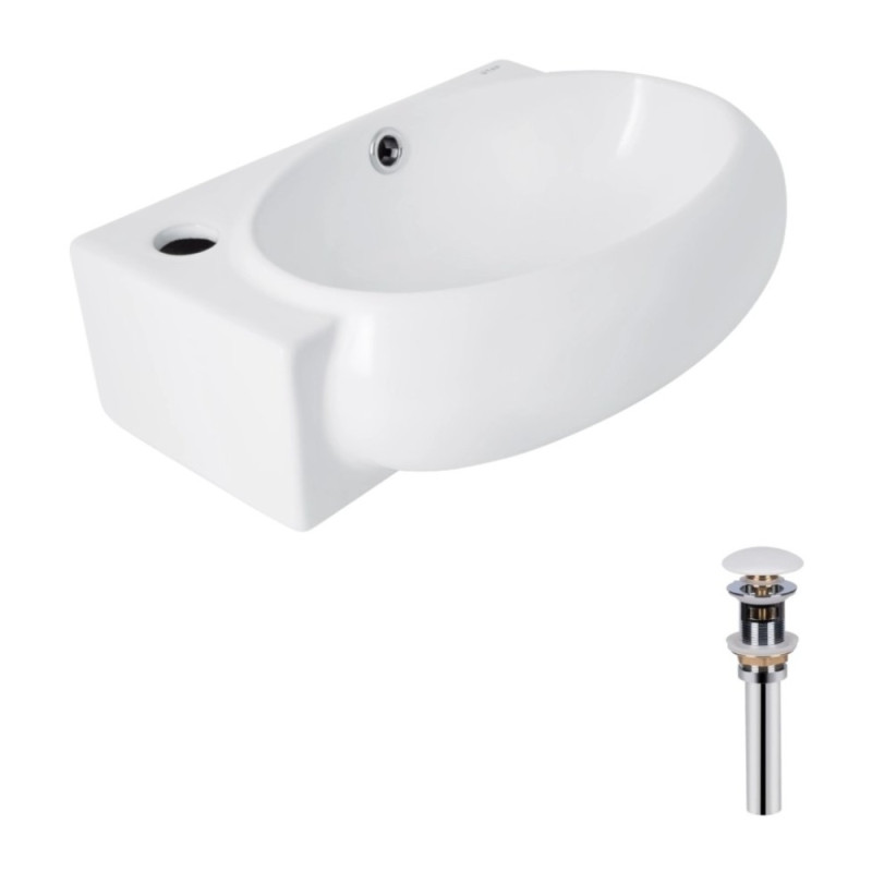Комплект Qtap Leo: Раковина підвісна овальна ліва 430x285x160 мм White + Донний клапан PU02O