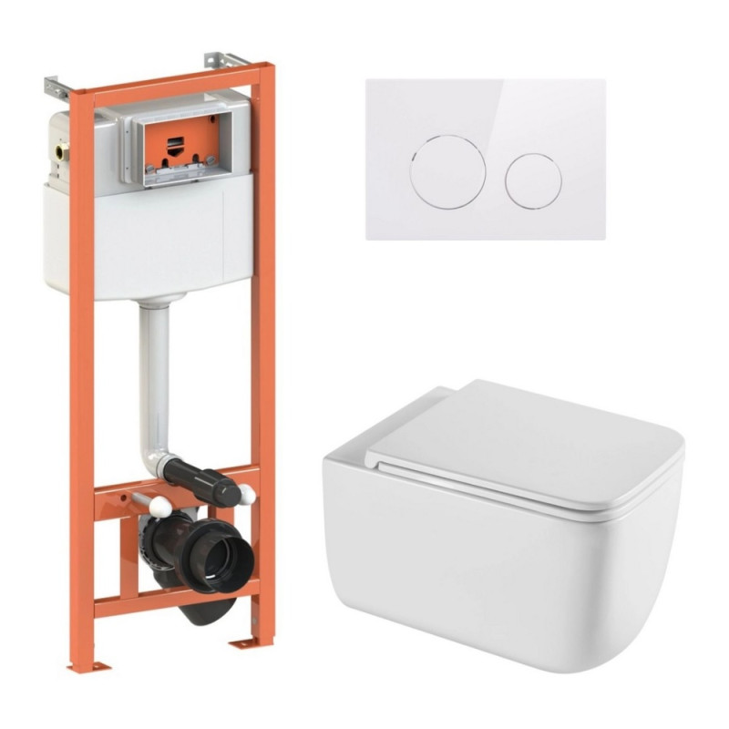 Готовое решение Qtap для ванной комнаты: подвесной унитаз Gemini Ultra Quiet 530х365х373 + комплект инсталляции Nest 4 в 1 (круглая клавиша White)