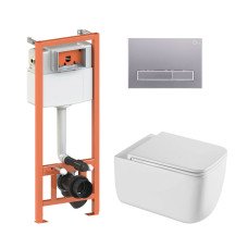 Готовое решение Qtap для ванной комнаты: подвесной унитаз Gemini Ultra Quiet 530х365х373 + комплект инсталляции Nest 4 в 1 (линейная клавиша Satin)