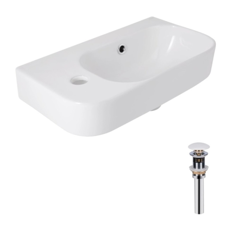 Комплект Qtap Tern: Раковина підвісна прамокутна ліва 450х250х158 мм White + Донний клапан PU02O
