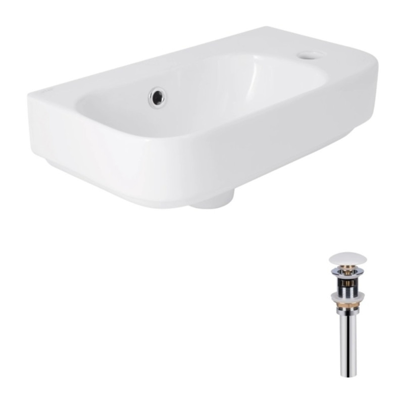Комплект Qtap Tern: Раковина підвісна прамокутна права 450х250х158 мм White + Донний клапан PU02O
