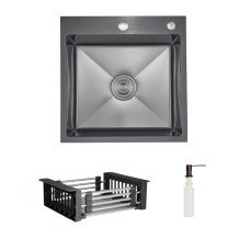 Комплект Lidz Handmade H5050HB Мийка для кухні інтегрована Decor Black PVD Honeycomb у комплекті з дозатором + Lidz LIDZK01B Корзина для кухонної мийки