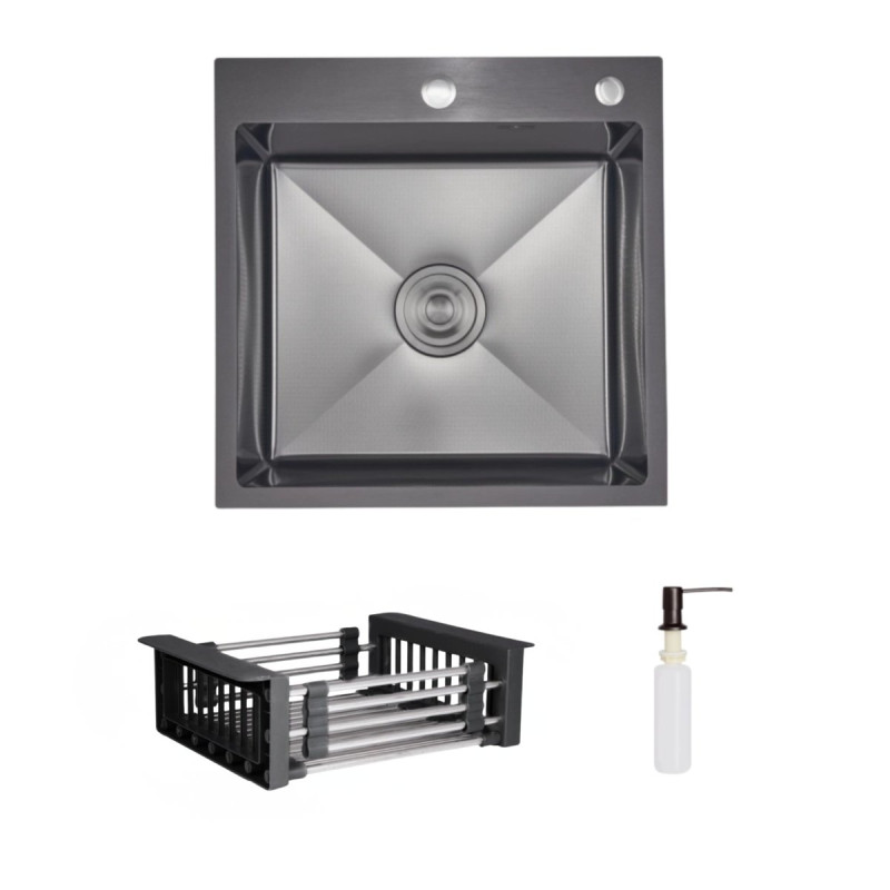 Комплект Lidz Handmade H5050HB Мойка для кухни интегрированная Decor Black PVD Honeycomb в комплекте с дозатором+Lidz LIDZK01B Корзина для мойки