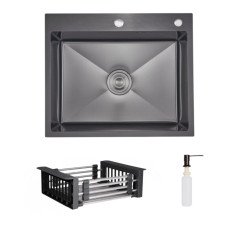 Комплект Lidz Handmade H6050HB Мийка для кухні інтегрована Decor Black PVD Honeycomb у комплекті з дозатором + LIDZK01B Корзина для кухонної мийки