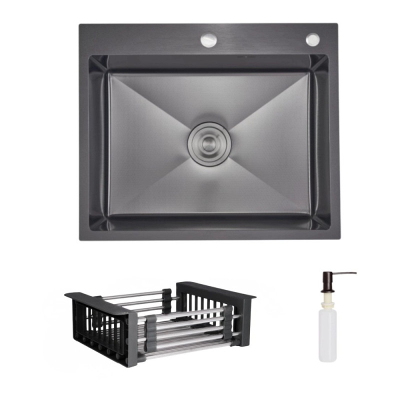 Комплект Lidz Handmade H6050HB Мойка для кухни интегрированная Decor Black PVD Honeycomb в комплекте с дозатором+ LIDZK01B Корзина для кухонной мойки