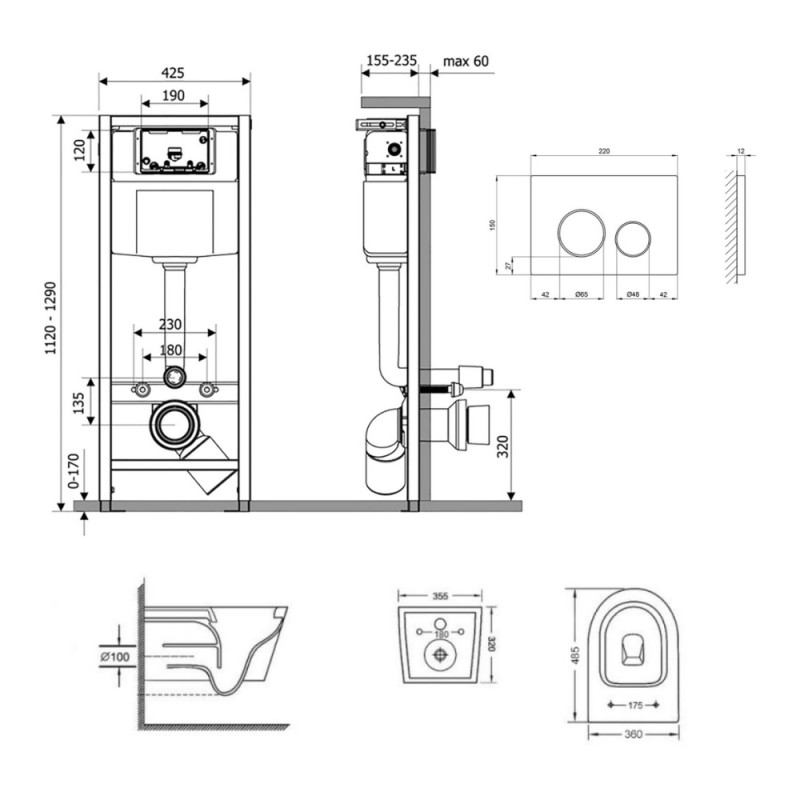 Готове рішення Qtap для ванної кімнати: підвісний унітаз Swan Ultra Quiet 485x360x320 + комплект інсталяції Nest 4 в 1 (кругла клавіша Matt Black)