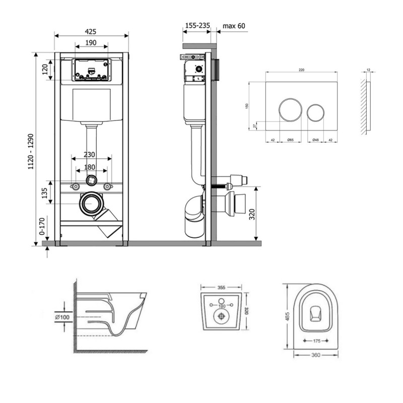 Готове рішення Qtap для ванної кімнати: підвісний унітаз Swan Ultra Quiet 485x360x320 + комплект інсталяції Nest 4 в 1 (кругла клавіша Matt Black)