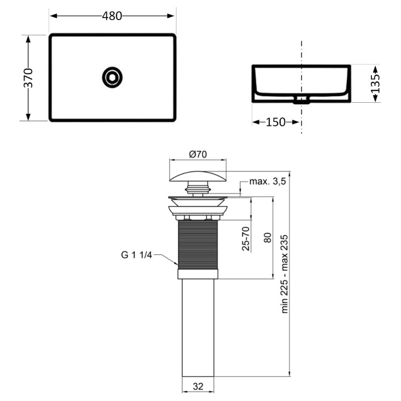 Комплект Qtap Tern: Раковина накладная прямоугольная 480х370х135 мм Matt Black + Донный клапан PU03