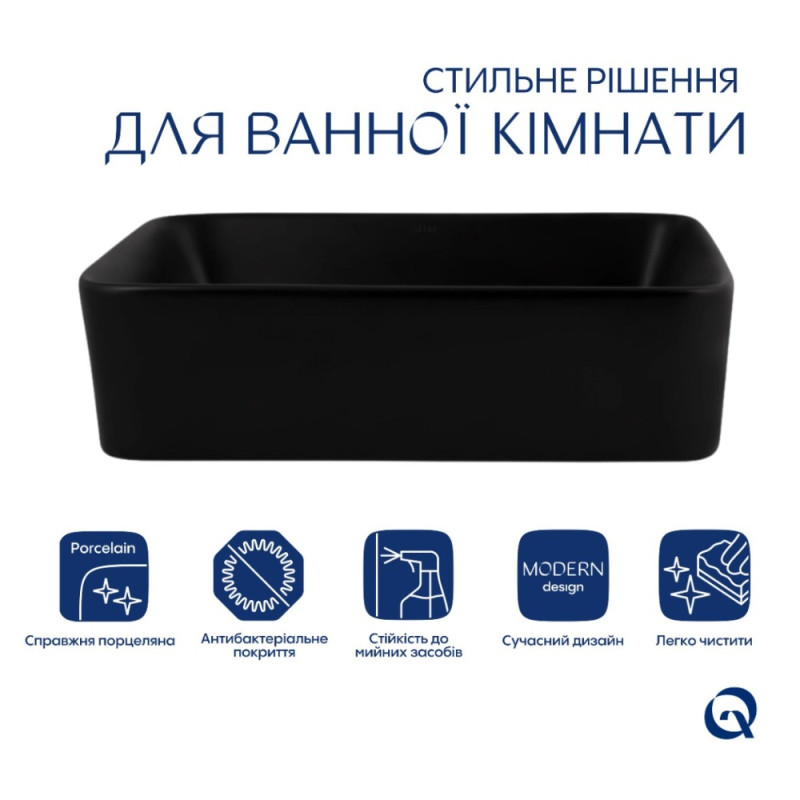 Комплект Qtap Tern: Раковина накладная прямоугольная 480х370х135 мм Matt Black + Донный клапан PU03
