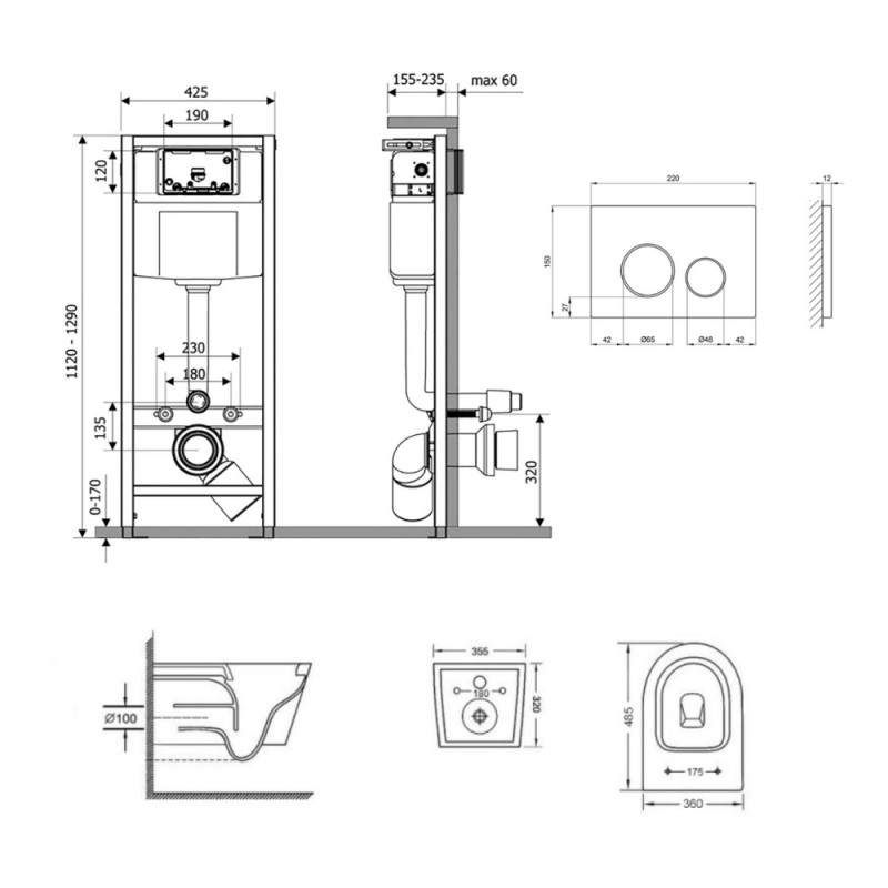 Готовое решение Qtap для ванной комнаты: подвесной унитаз  Swan Ultra Quiet 485x360x320 + комплект инсталляции Nest 4 в 1 (круглая клавиша Chrome)