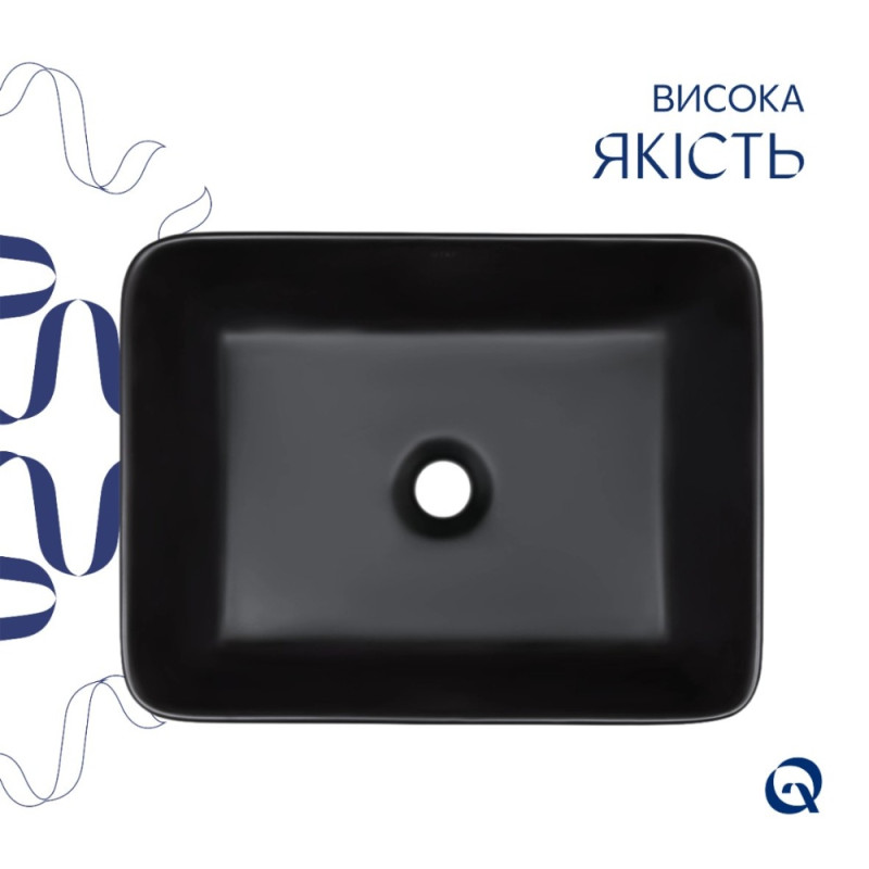 Комплект Qtap Tern: Раковина накладная прямоугольная 480х370х135 мм Matt Black + Донный клапан PU03